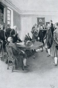 Dopo il massacro: Samuel Adams chiede al governatore Hutchinson il ritiro immediato delle truppe britanniche, illustrazione da 